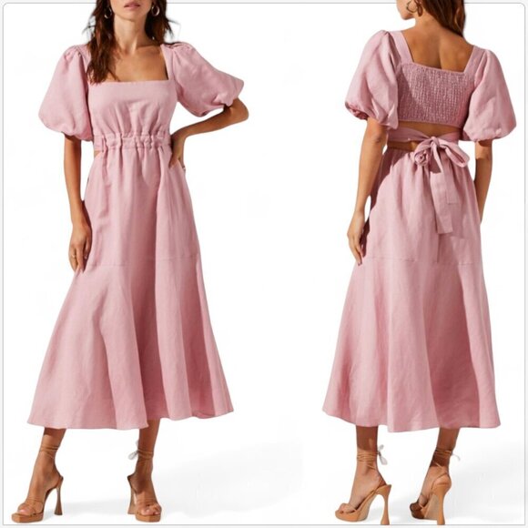 ASTR the Label Angeles Pink Puff Sleeve Cutout Midi Linen Blend Dress NWT NEW S - Picture 1 of 6